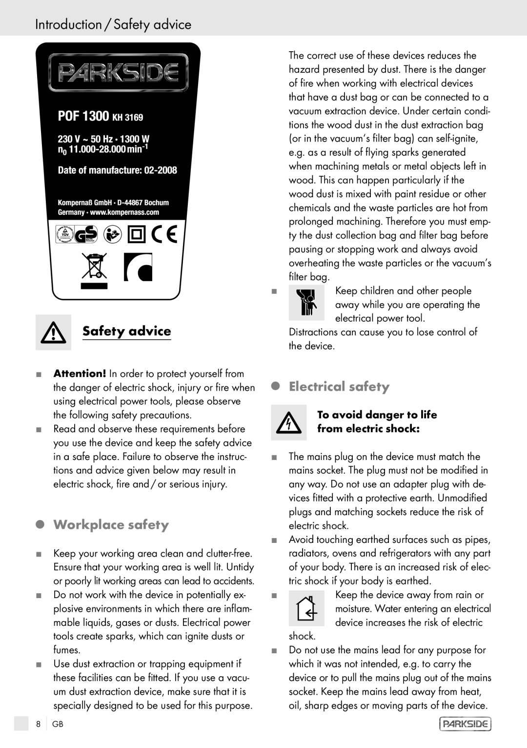 Kompernass POF1300 manual Introduction / Safety advice, Workplace safety, Electrical safety 